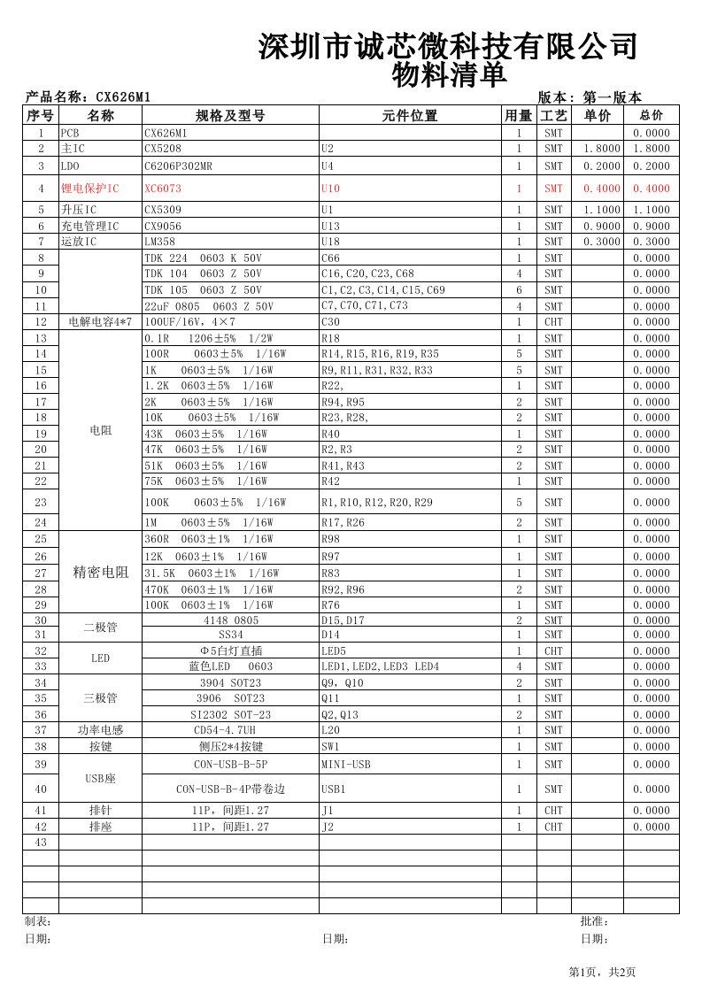 移动电源BOM