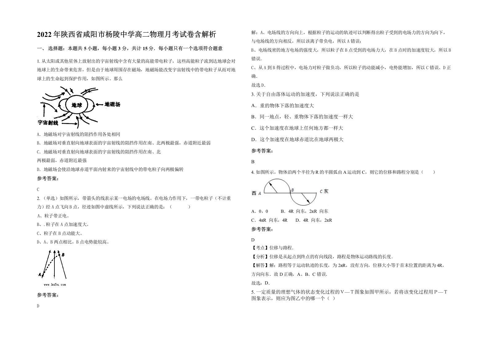 2022年陕西省咸阳市杨陵中学高二物理月考试卷含解析