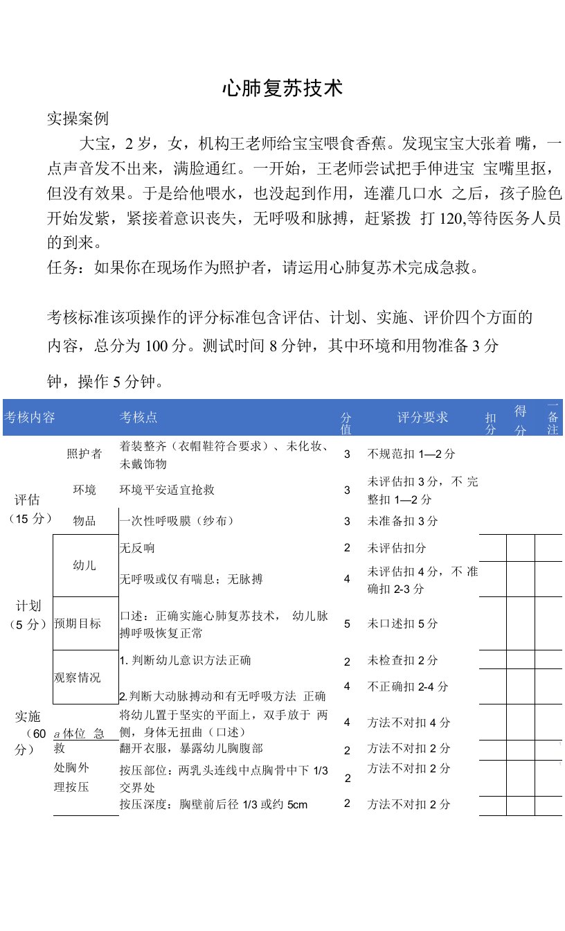 儿童心肺复苏技术评分表