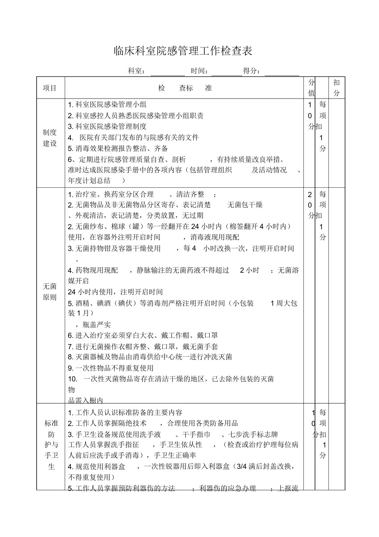 临床科室院感管理工作检查表