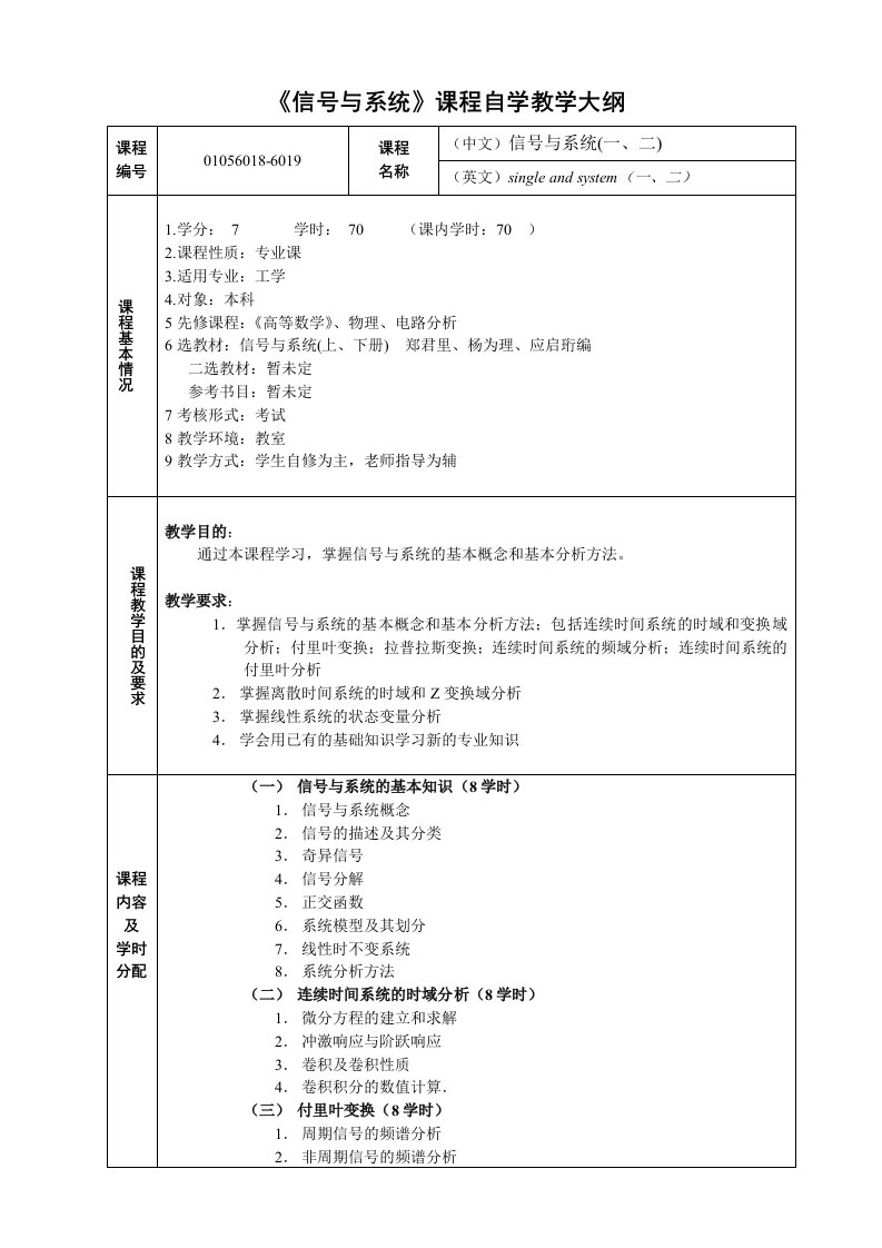 《信号与系统》自学课程教学大纲