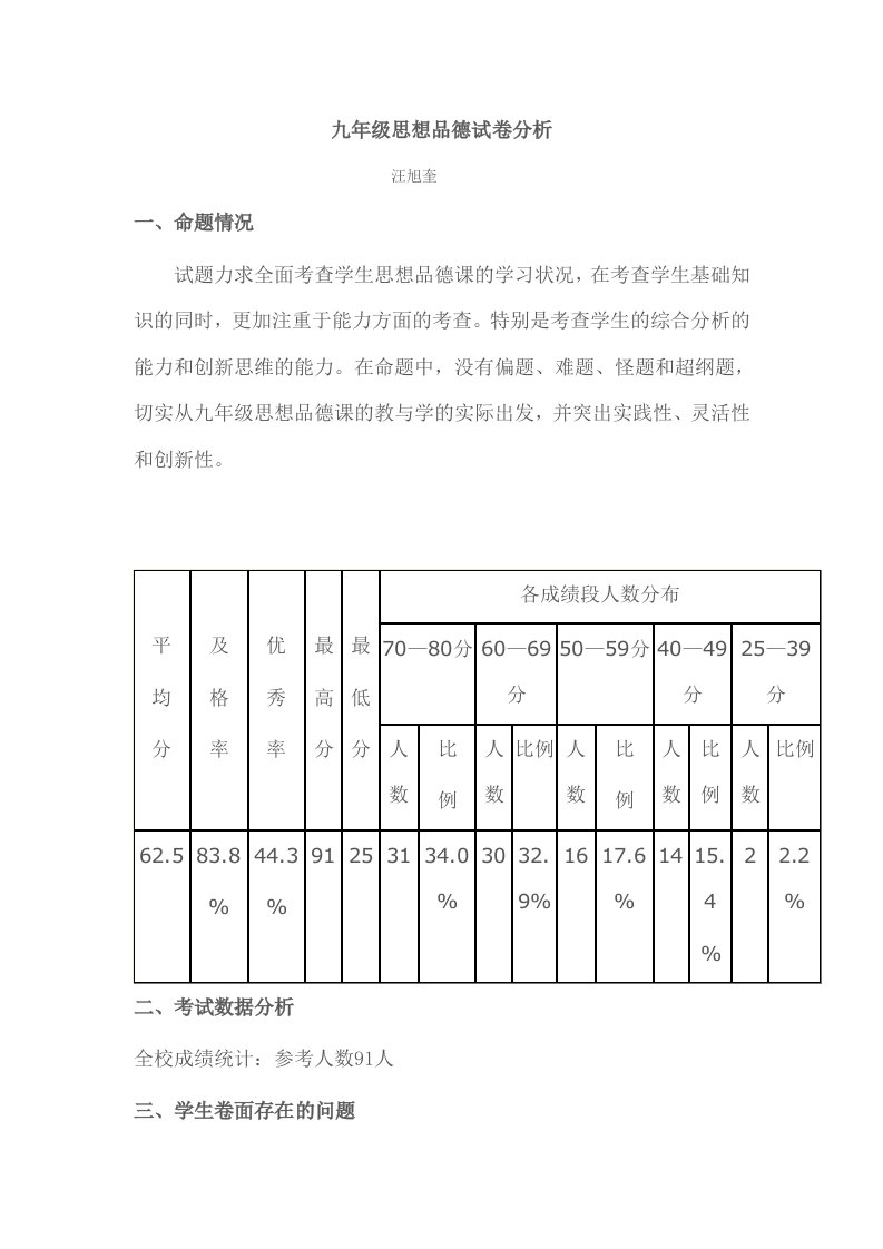 九年级思想品德试卷分析