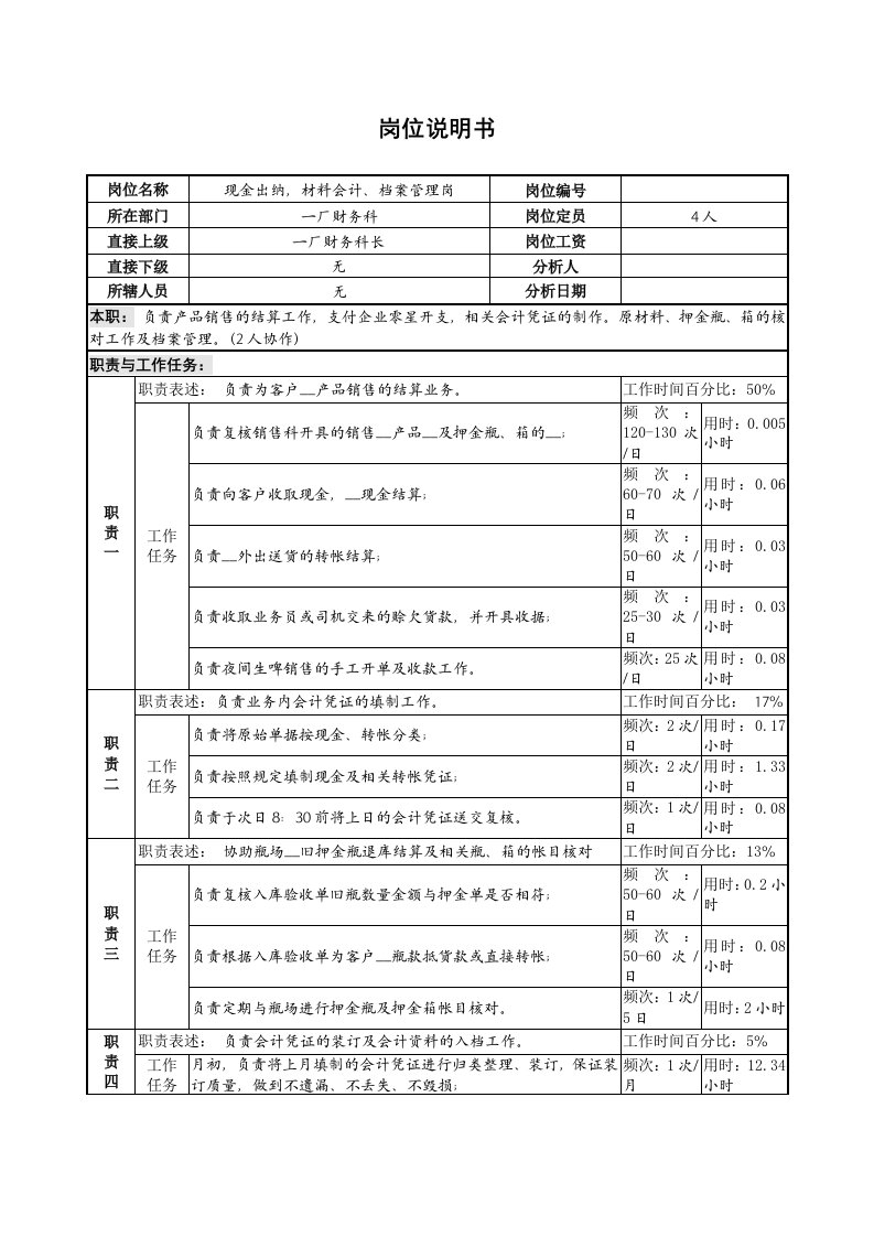 现金出纳、材料、凭证管理岗位说明书