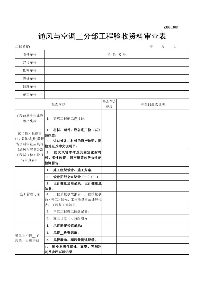 通风与空调安装分部工程验收资料审查表