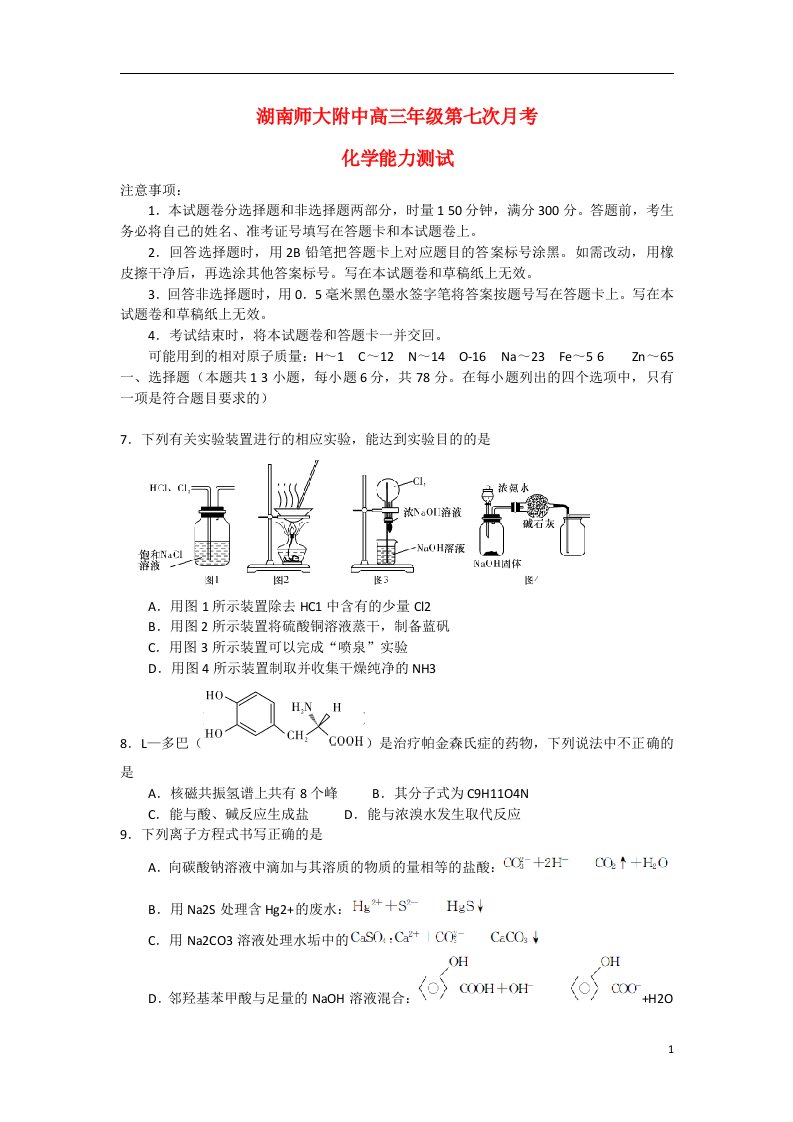 湖南省长沙岳麓区高三化学第七次月考试题新人教版