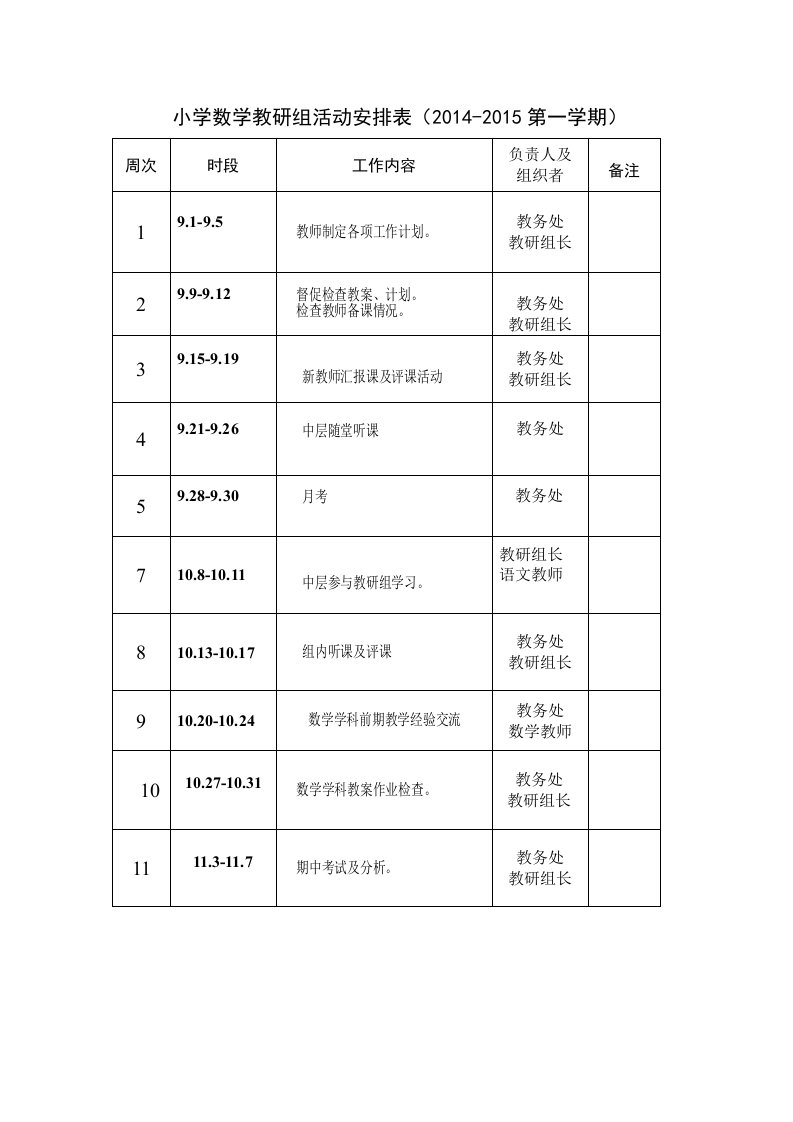 小学数学教研组活动安排表