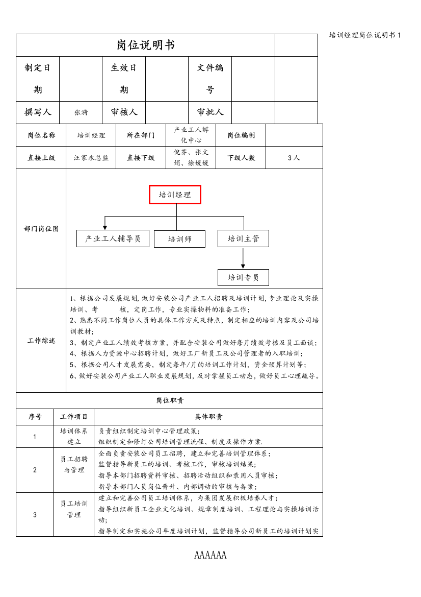 培训经理岗位说明书1