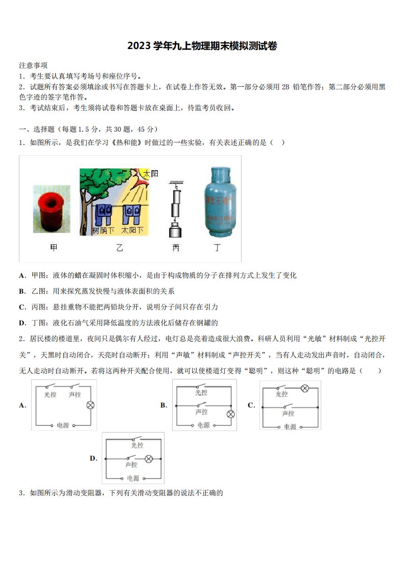 市物理九年级第一学期期末学业水平测试试题含解析