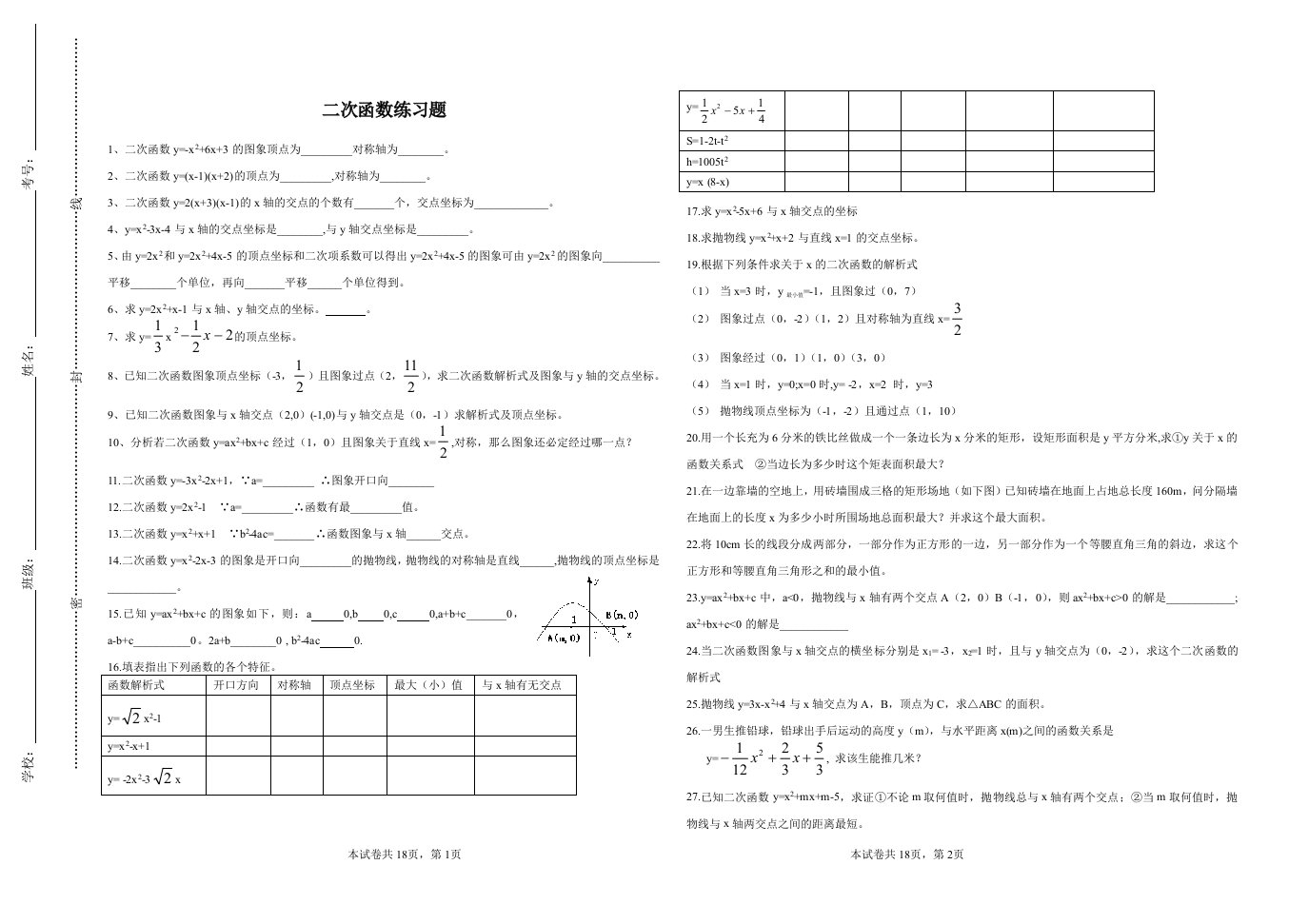 二次函数练习题