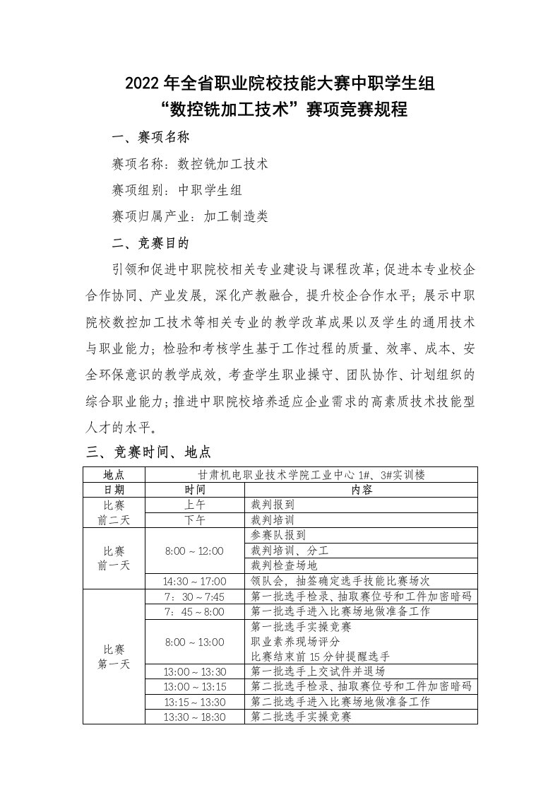 2022年全省职业院校技能大赛（中职学生组）‘数控铣加工技术’赛项竞赛规程