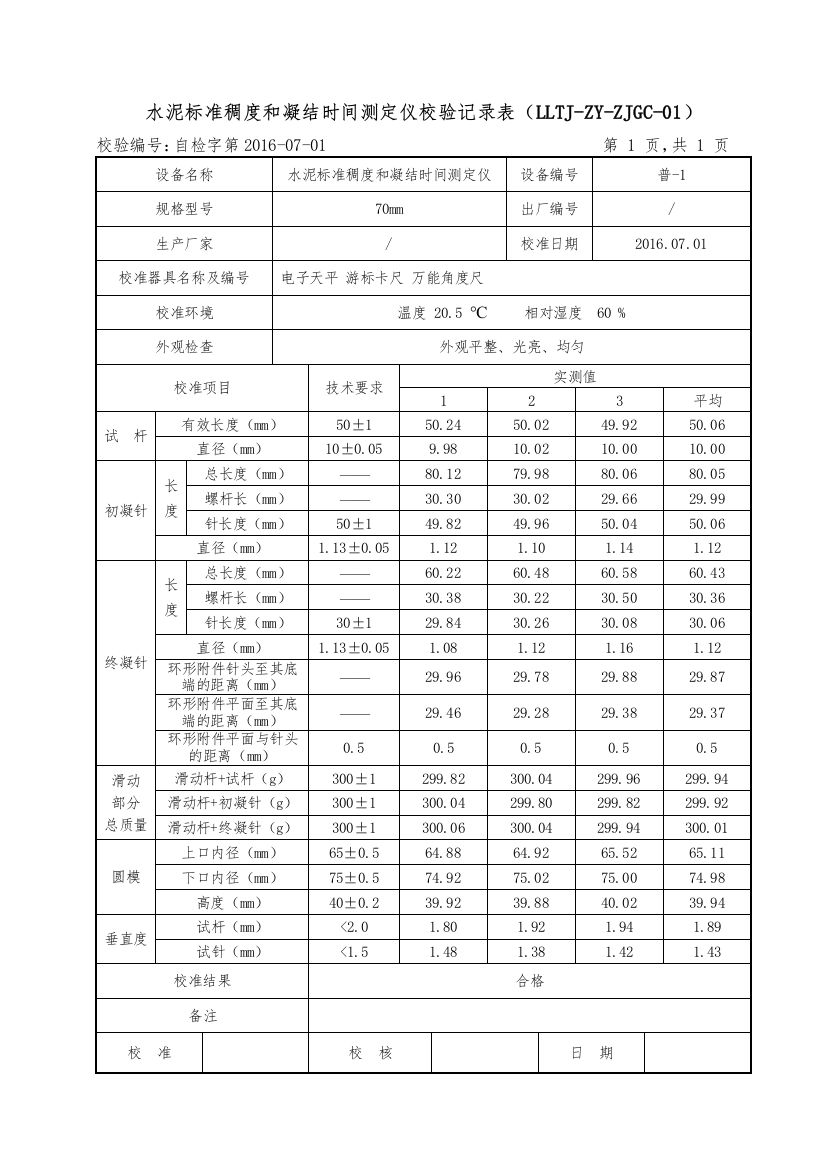 仪器设备自校记录表