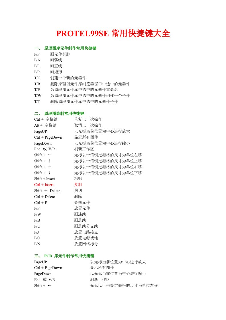 PROTEL99SE常用快捷键大全