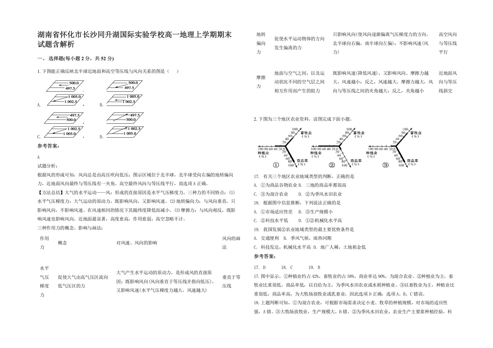 湖南省怀化市长沙同升湖国际实验学校高一地理上学期期末试题含解析