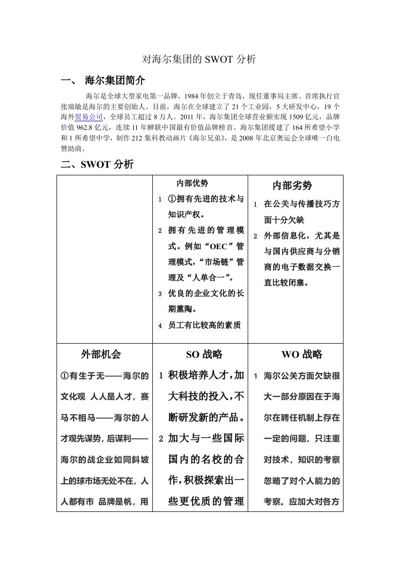 对海尔集团的SWOT分析