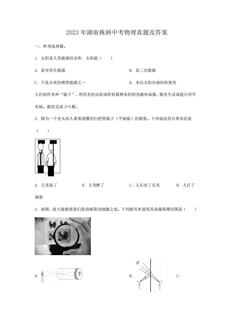 2023年湖南株洲中考物理真题及答案