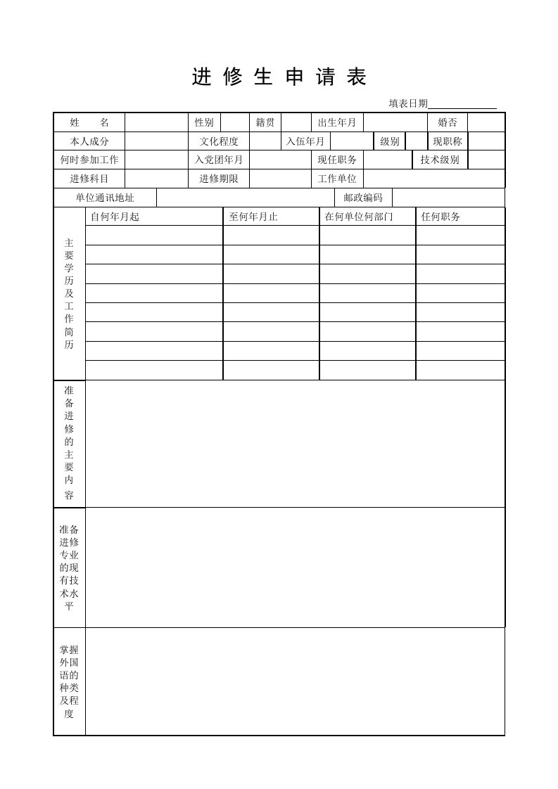 第四军医大进修申请表