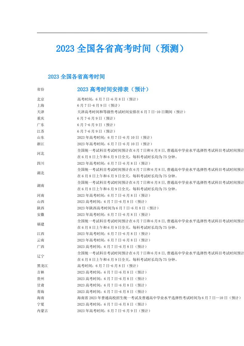 全国各省高考时间（预测）