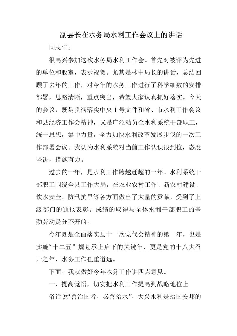 副县长在水务局水利工作会议上的讲话