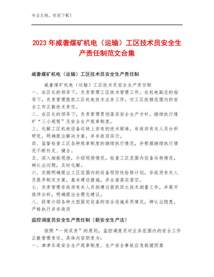 2023年威奢煤矿机电（运输）工区技术员安全生产责任制范文合集