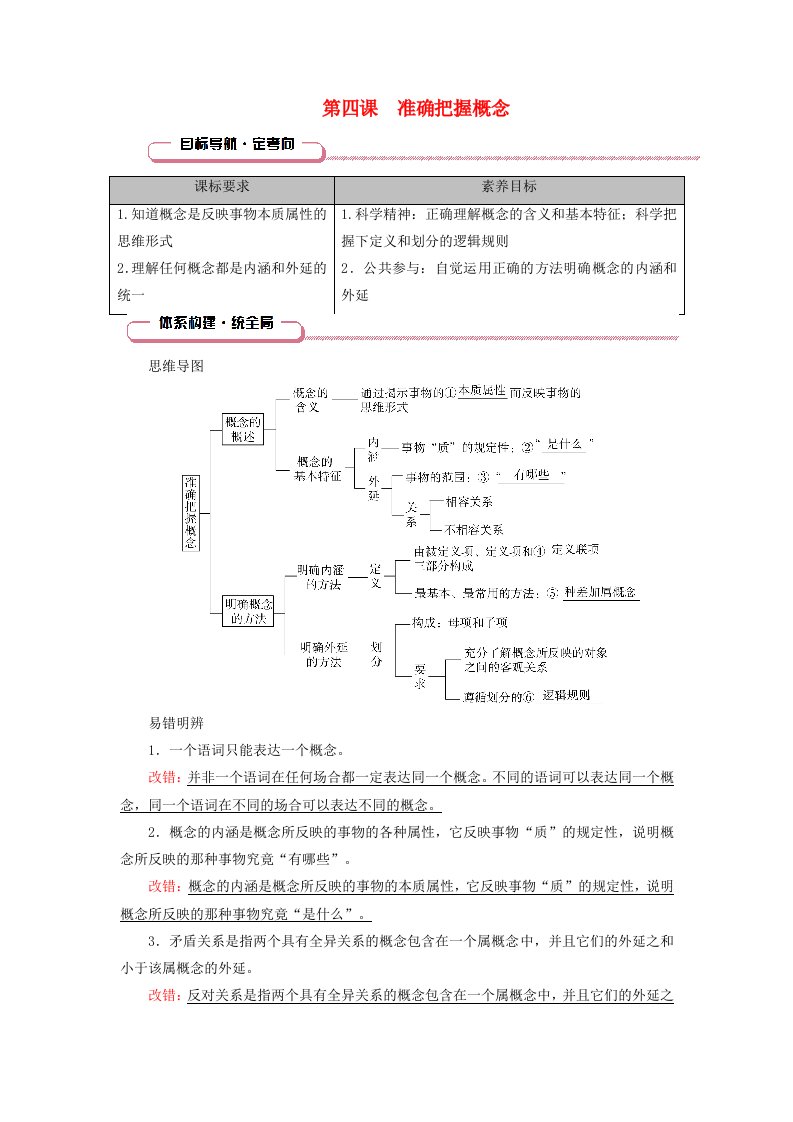 2025版高考政治一轮总复习知识导航选择性必修3第2单元遵循逻辑思维规则第4课准确把握概念