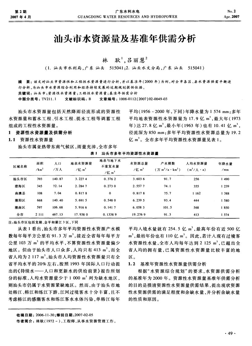 汕头市水资源量和基准年供需分析