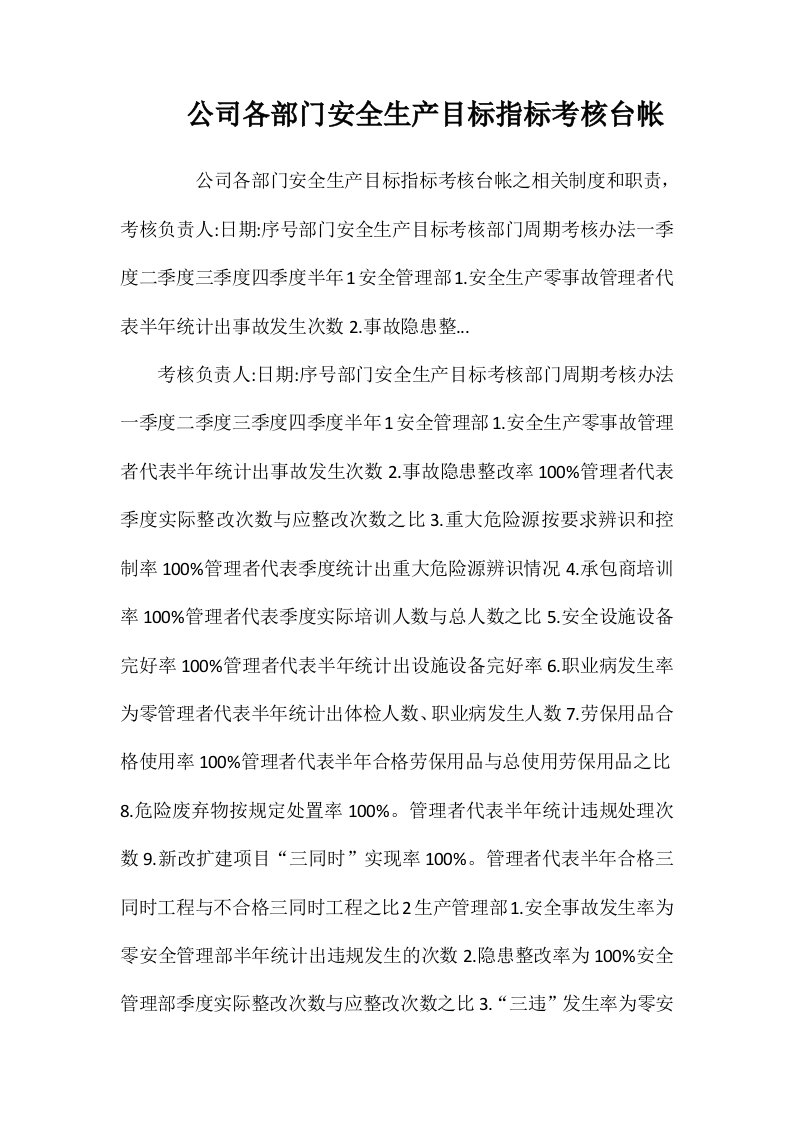 公司各部门安全生产目标指标考核台帐