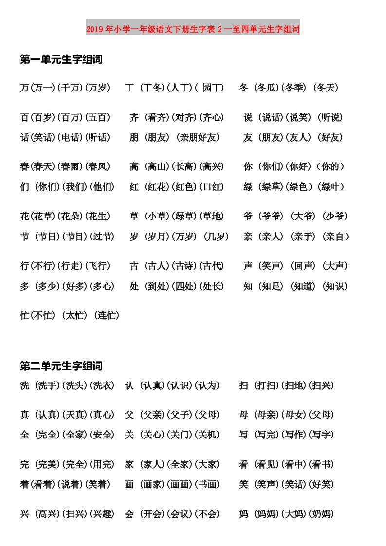 2019年小学一年级语文下册生字表2一至四单元生字组词