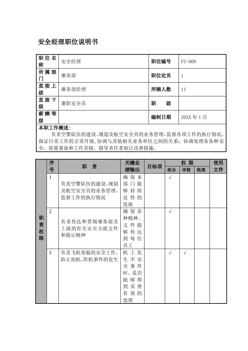 物流管理-某航空物流公司安全经理职位说明书及关键绩效标准