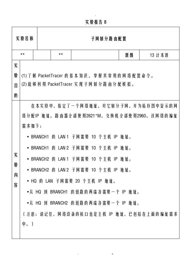 子网划分路由配置实验报告