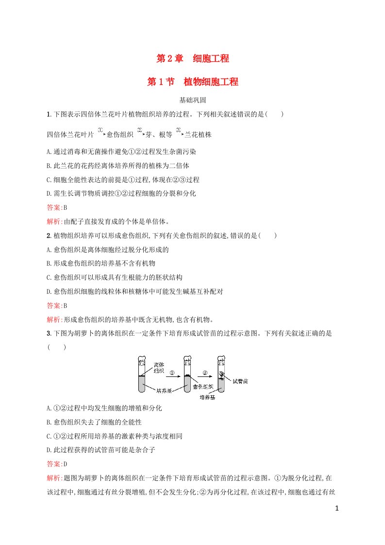 新教材适用高中生物第2章细胞工程第1节植物细胞工程课后习题新人教版选择性必修3