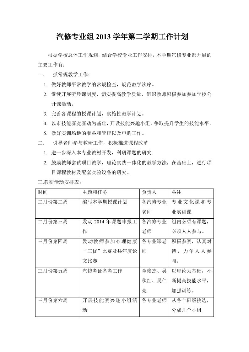 汽修专业组本学期工作计划