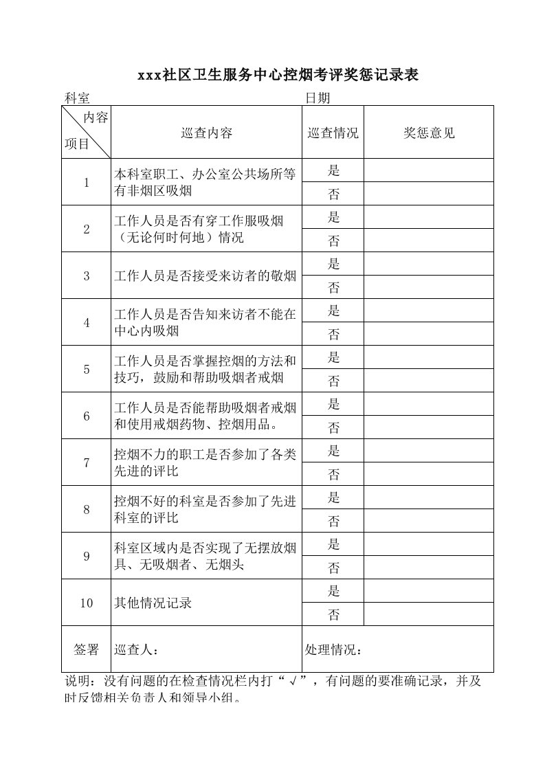 控烟考评奖惩记录表