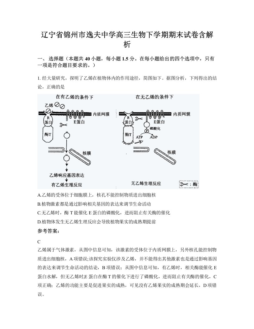 辽宁省锦州市逸夫中学高三生物下学期期末试卷含解析