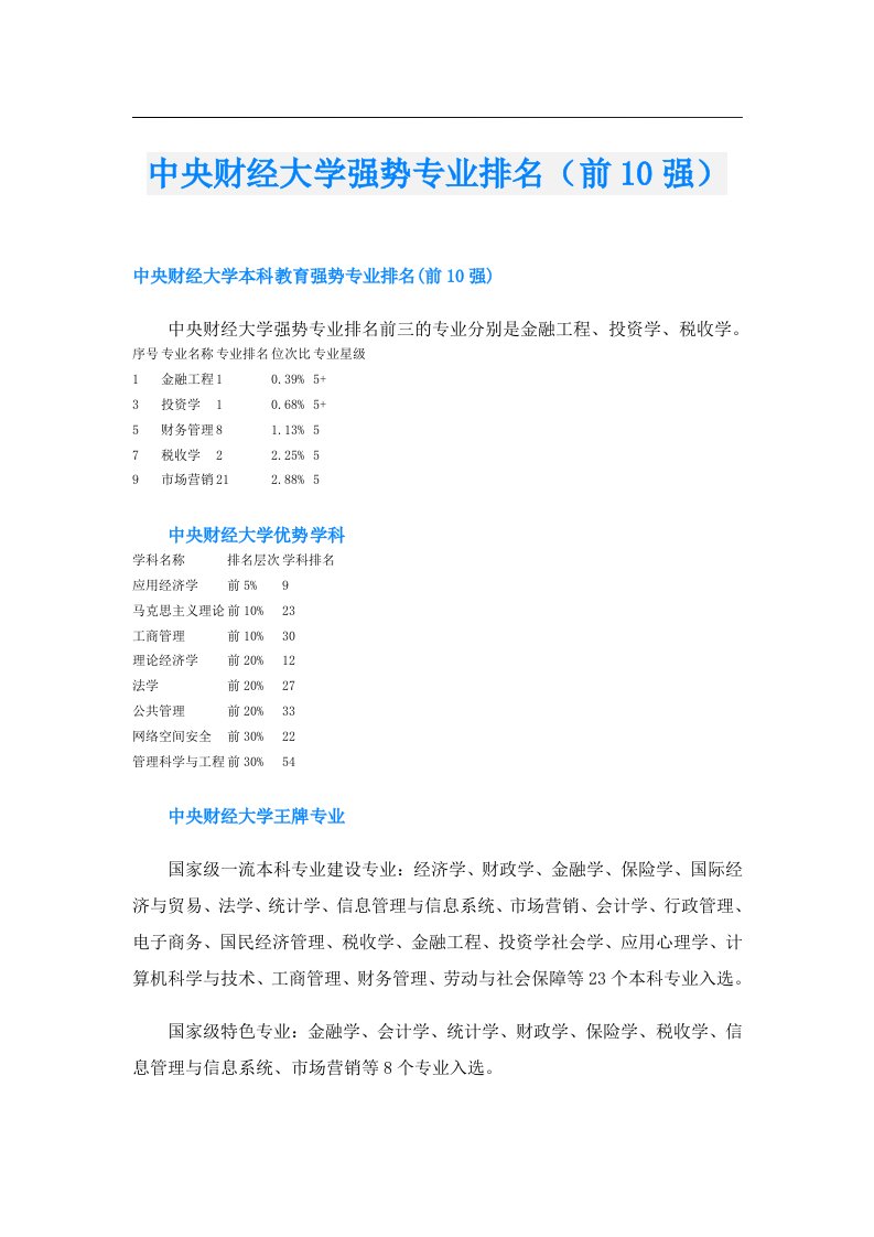 中央财经大学强势专业排名（前10强）