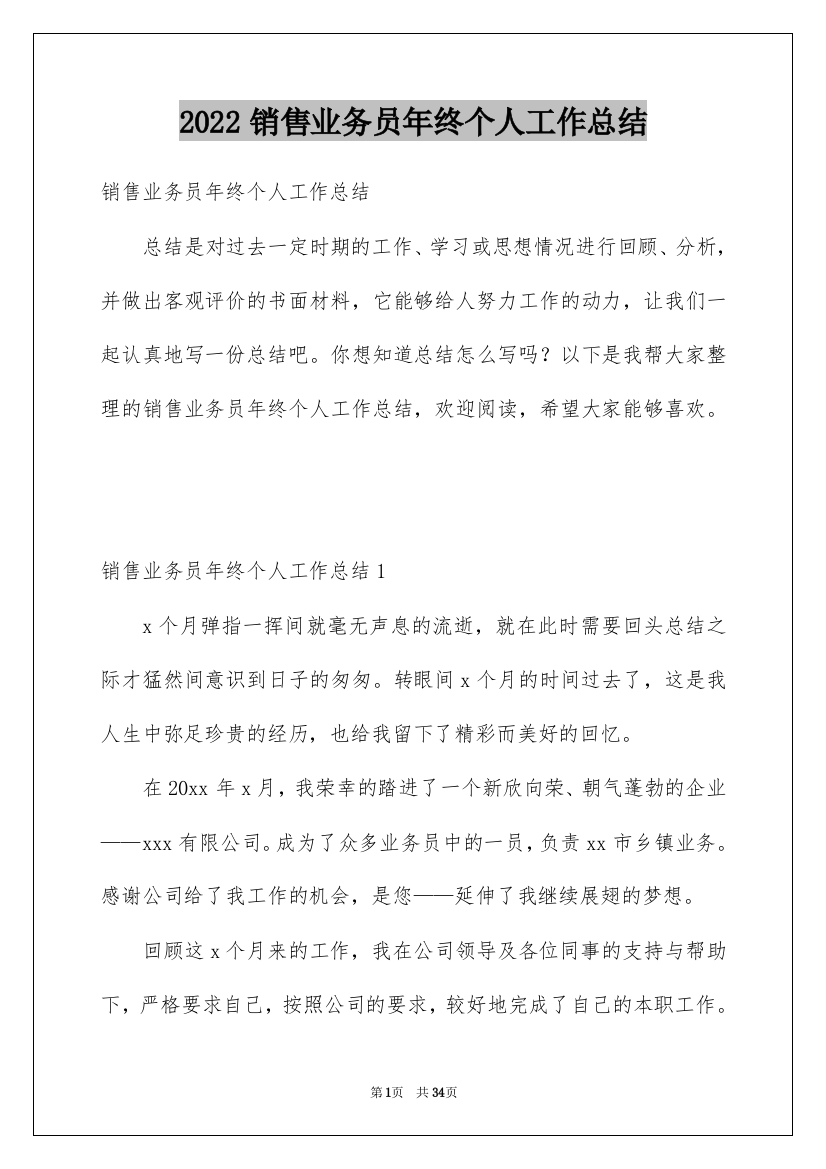 2022销售业务员年终个人工作总结