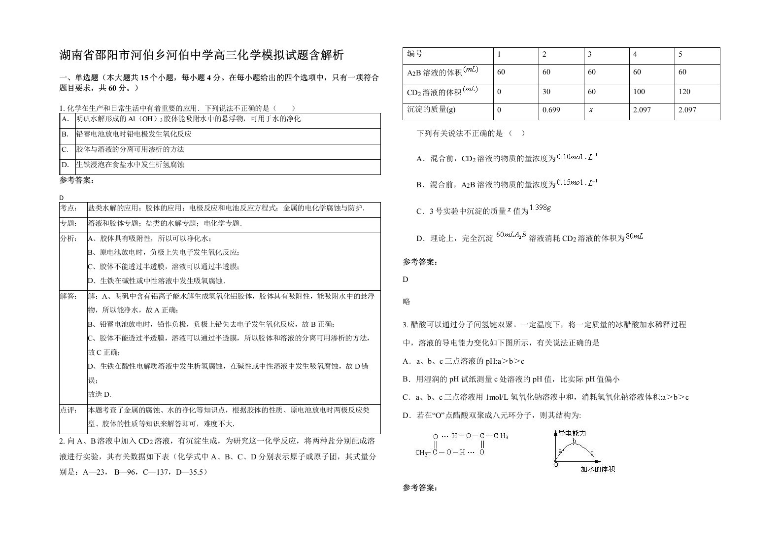 湖南省邵阳市河伯乡河伯中学高三化学模拟试题含解析