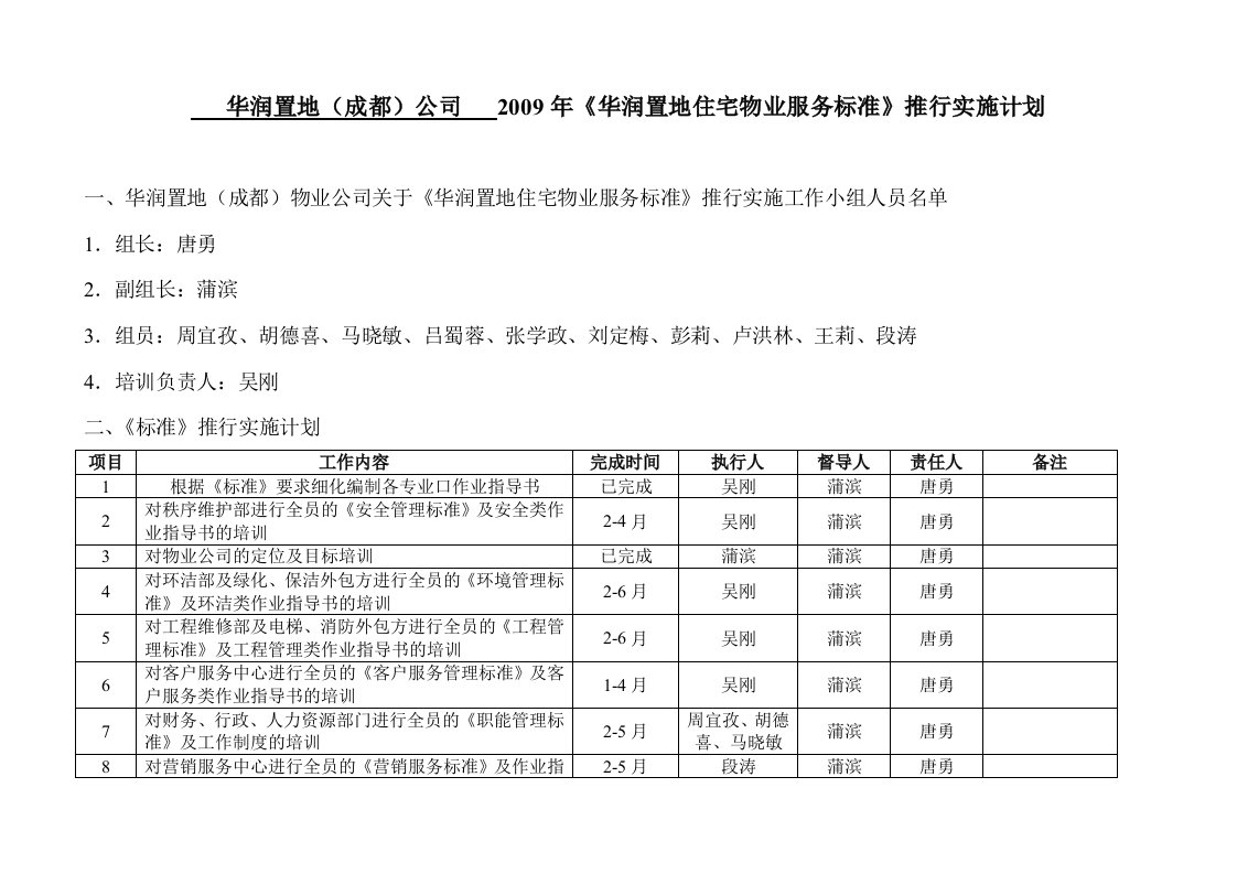 物业服务标准推行实施计划