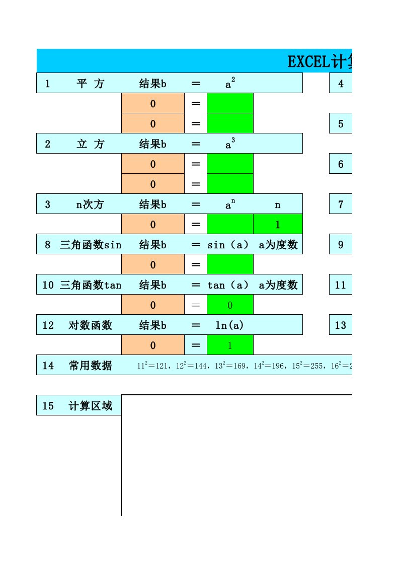 EXCEL常用体积、面积、函数计算器