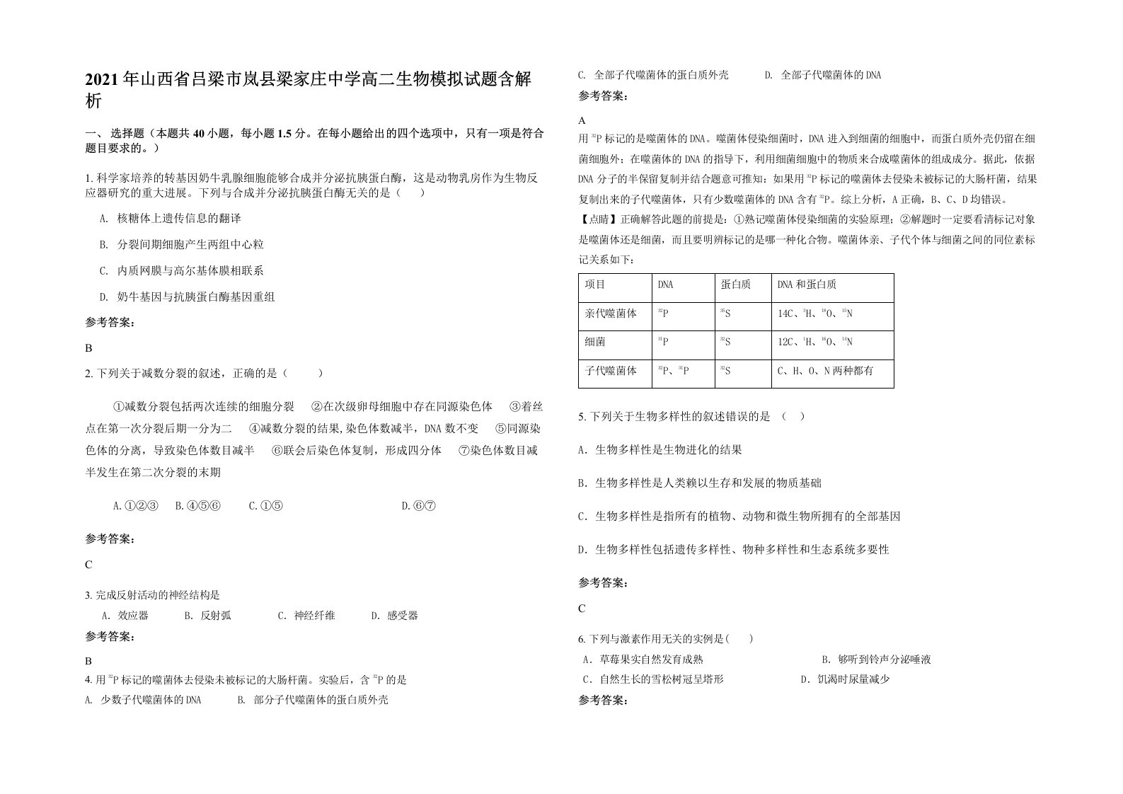 2021年山西省吕梁市岚县梁家庄中学高二生物模拟试题含解析