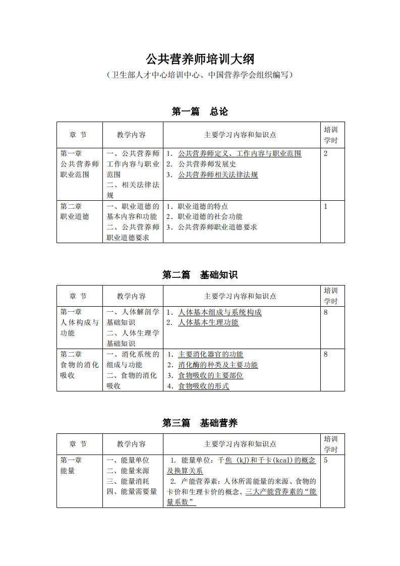 公共营养师培训大纲