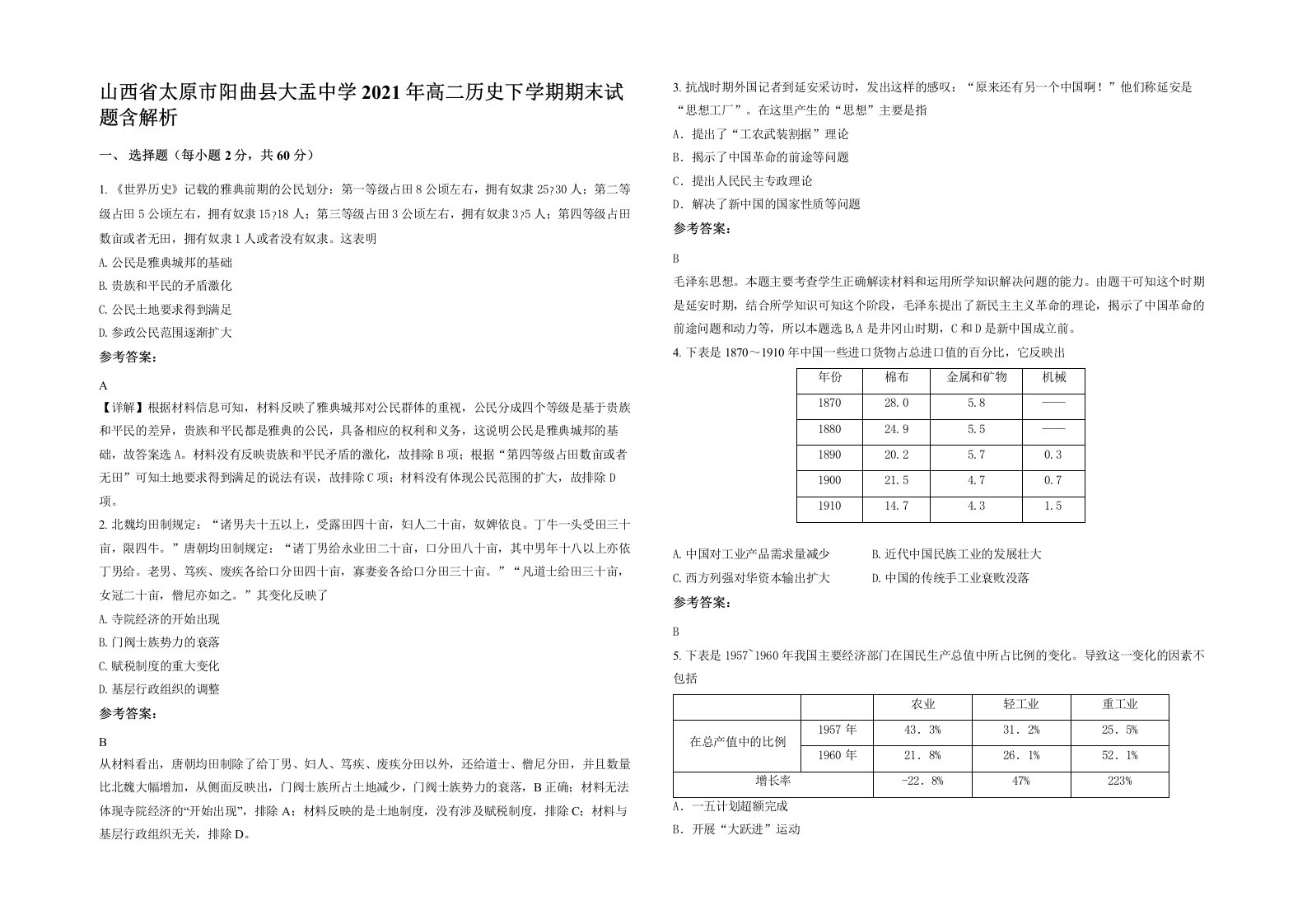 山西省太原市阳曲县大盂中学2021年高二历史下学期期末试题含解析