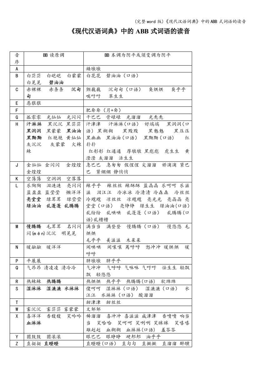 《现代汉语词典》中的ABB式词语的读音