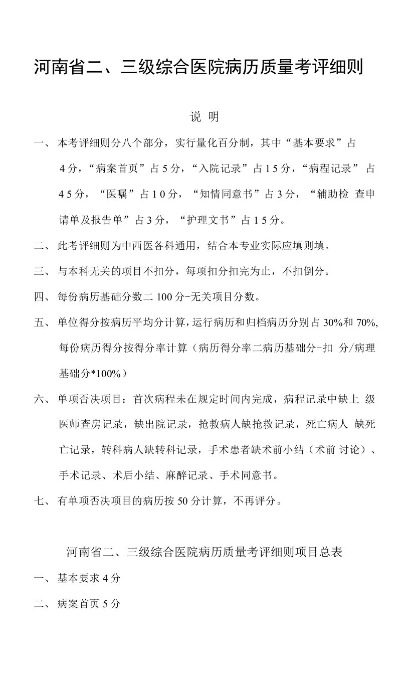 河南省二、三级综合医院病历质量考评细则