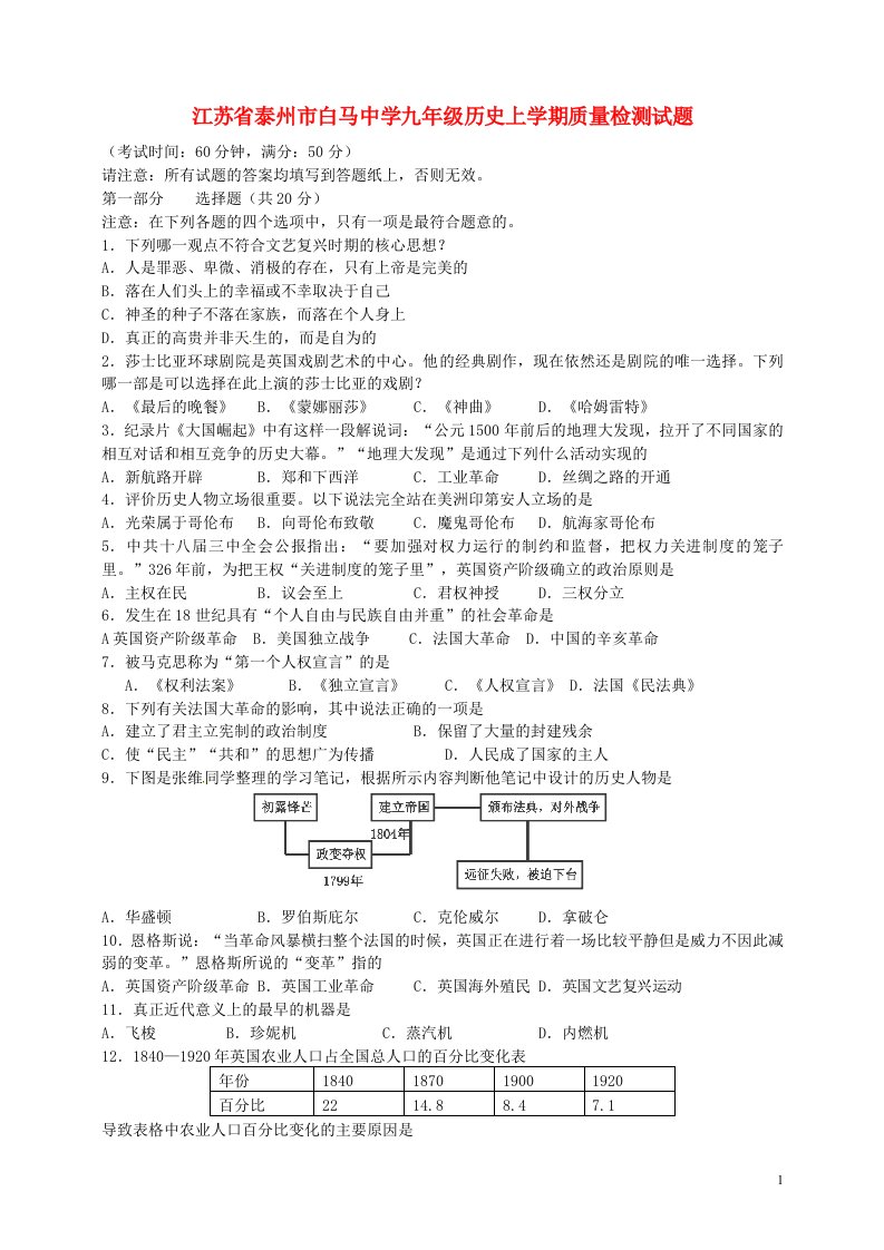 江苏省泰州市白马中学九级历史上学期质量检测试题