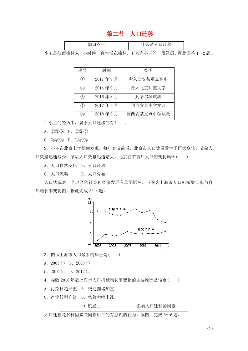 2020_2021学年新教材高中地理第一章人口单第二节人口迁移课时作业含解析新人教版必修2