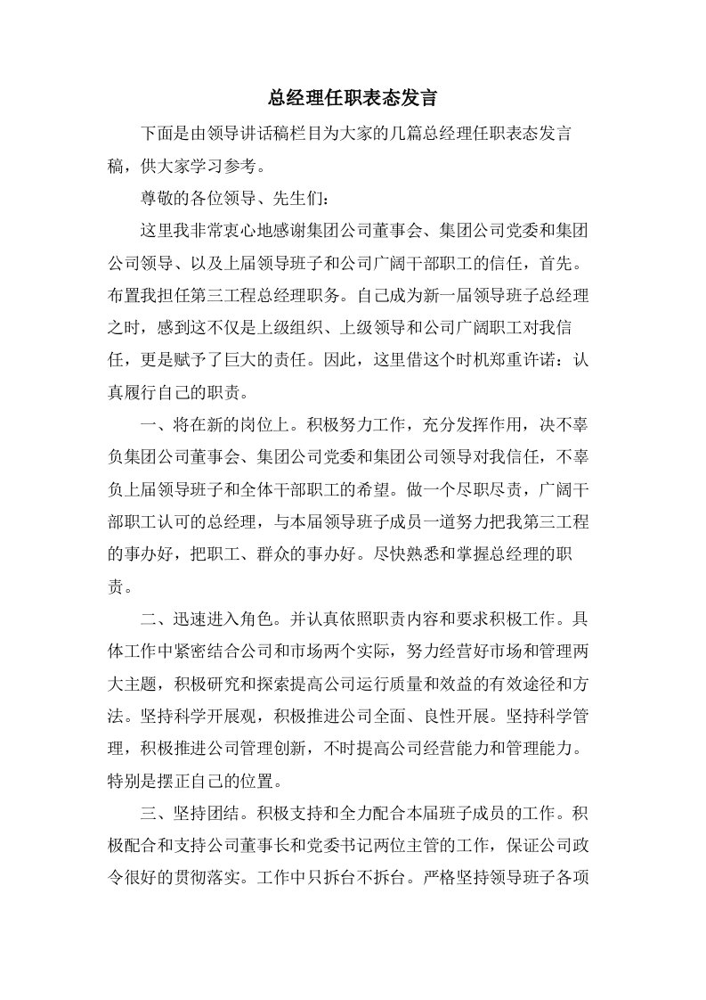 总经理任职表态发言