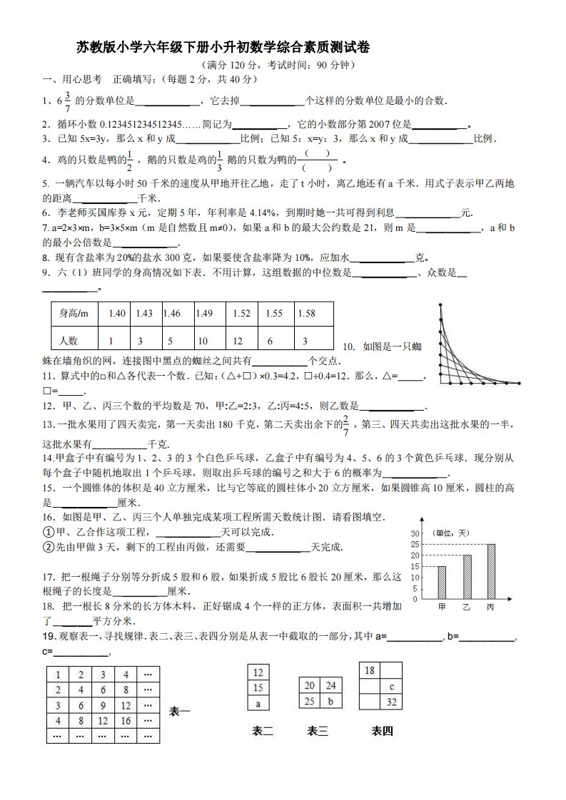 苏教版小学六年级下册小升初数学综合素质测试卷-附答案