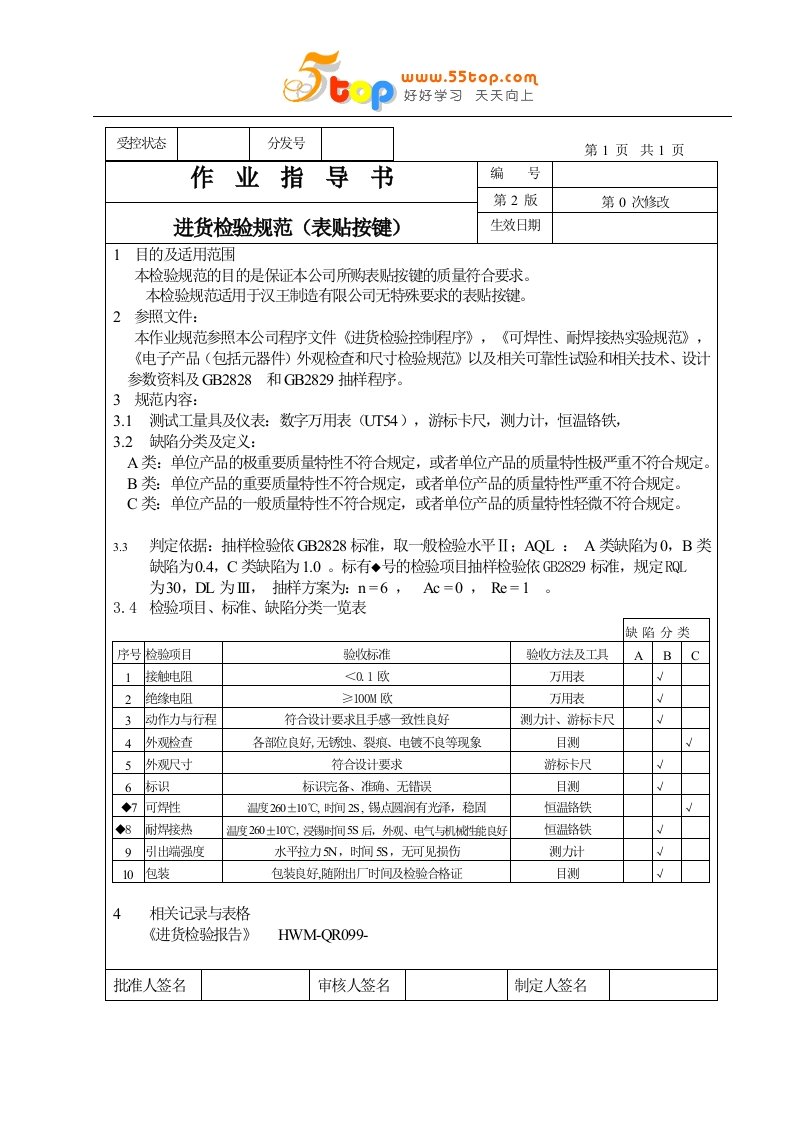 某电子厂进货检验全套作业指导书-资料包(42个文件)作业指导书（表贴按键）-作业指导