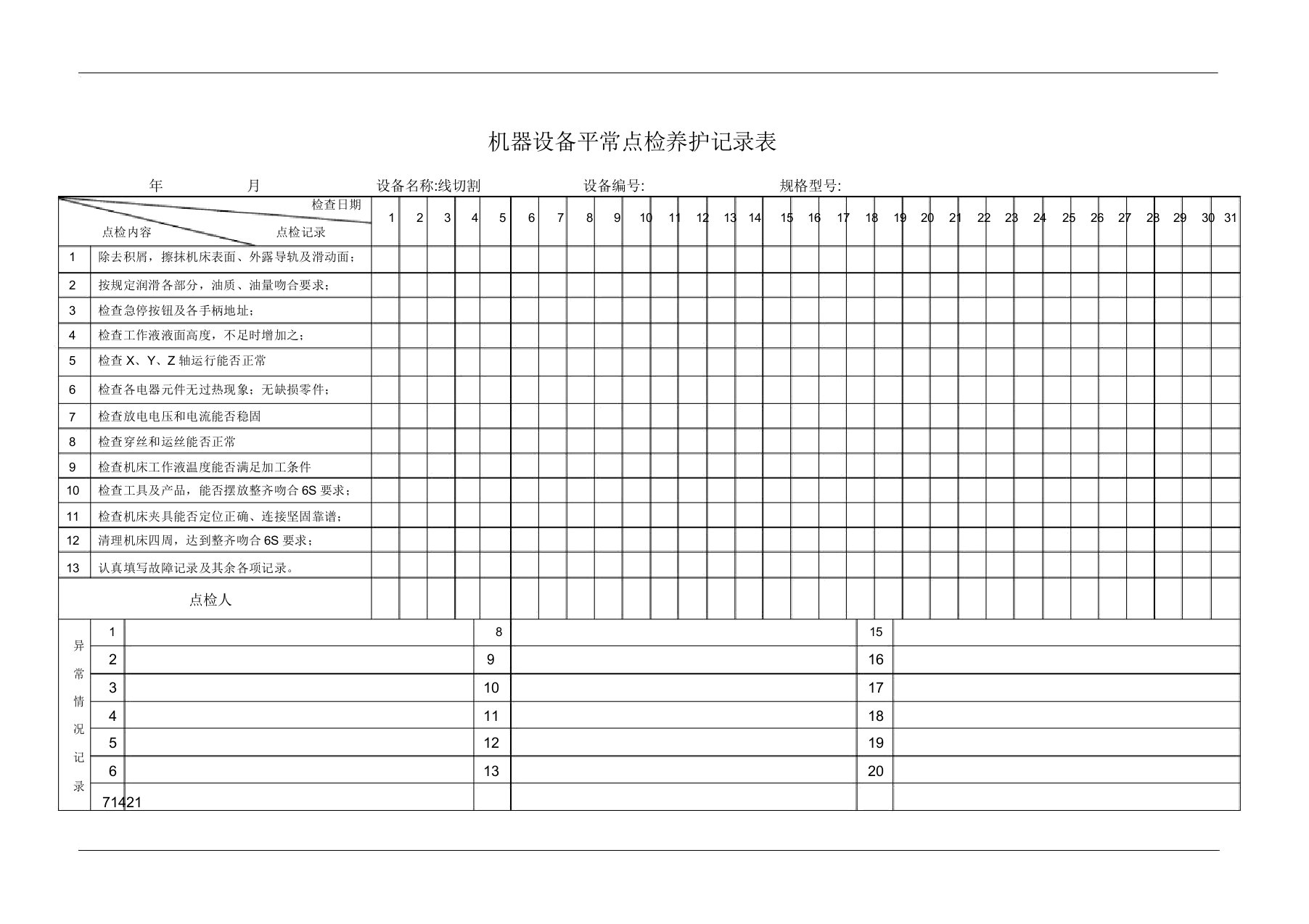 线切割日常点检保养记录表格