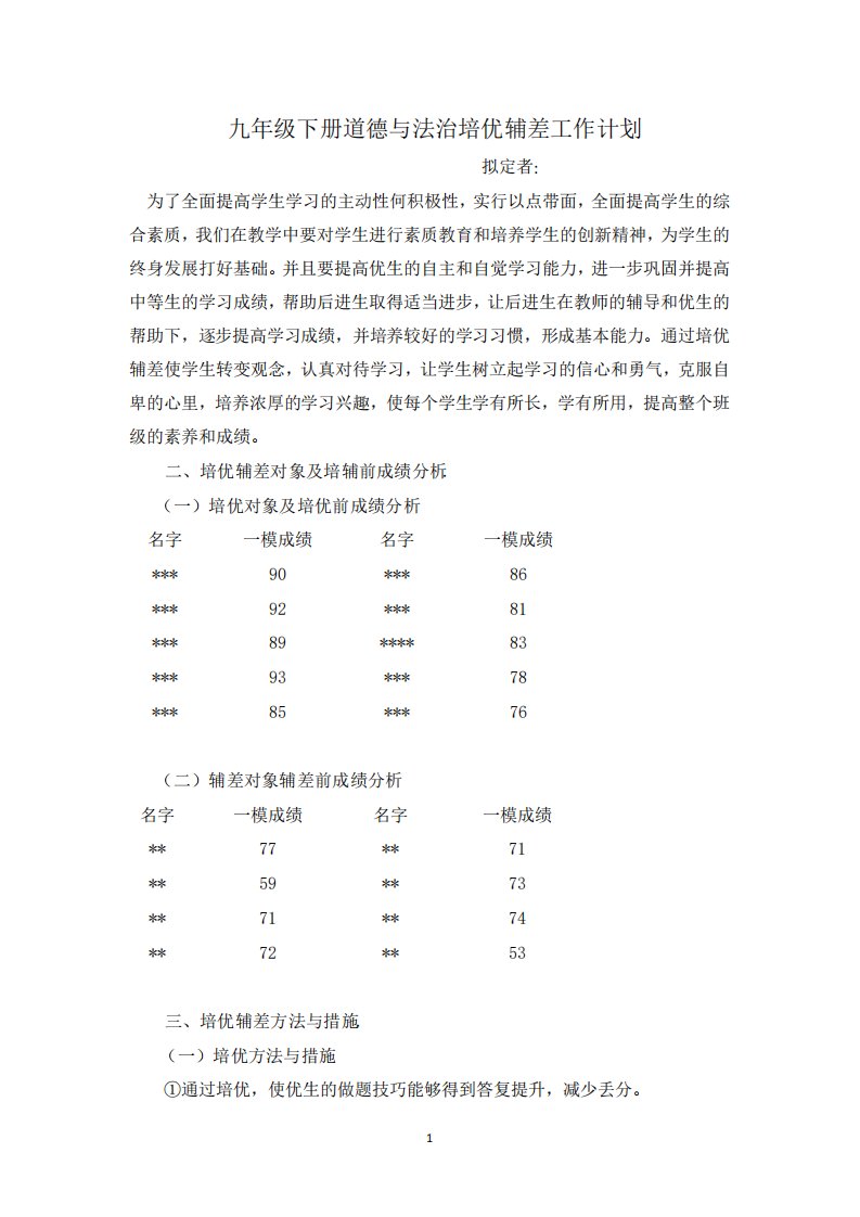 九年级下册道德与法治培优辅差工作计划